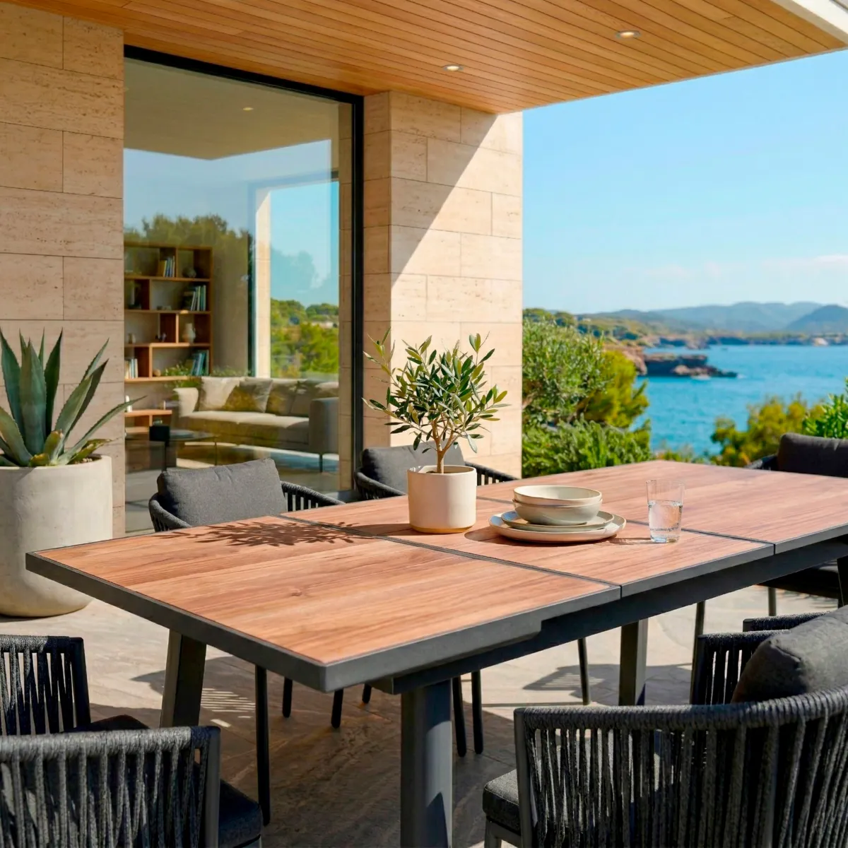 Table de jardin extensible automatique en aluminium 10 places (200/260 x 96 cm) Amalfi Gris anthracite et bois