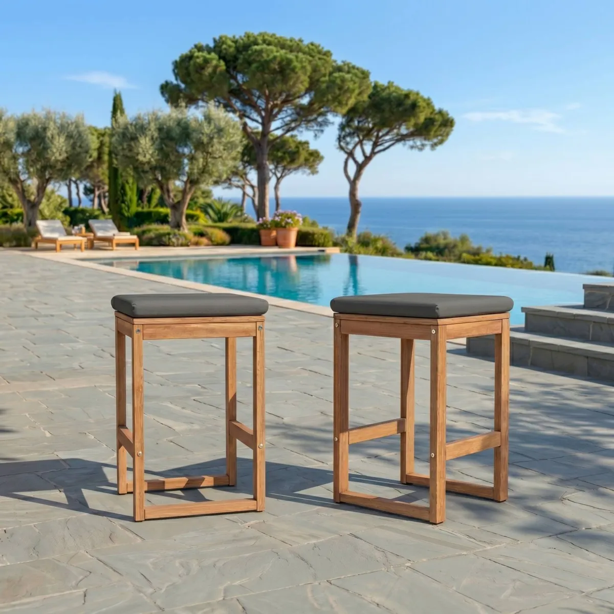Set di 2 sgabelli alti da giardino in legno di acacia Borneo Grigio antracite