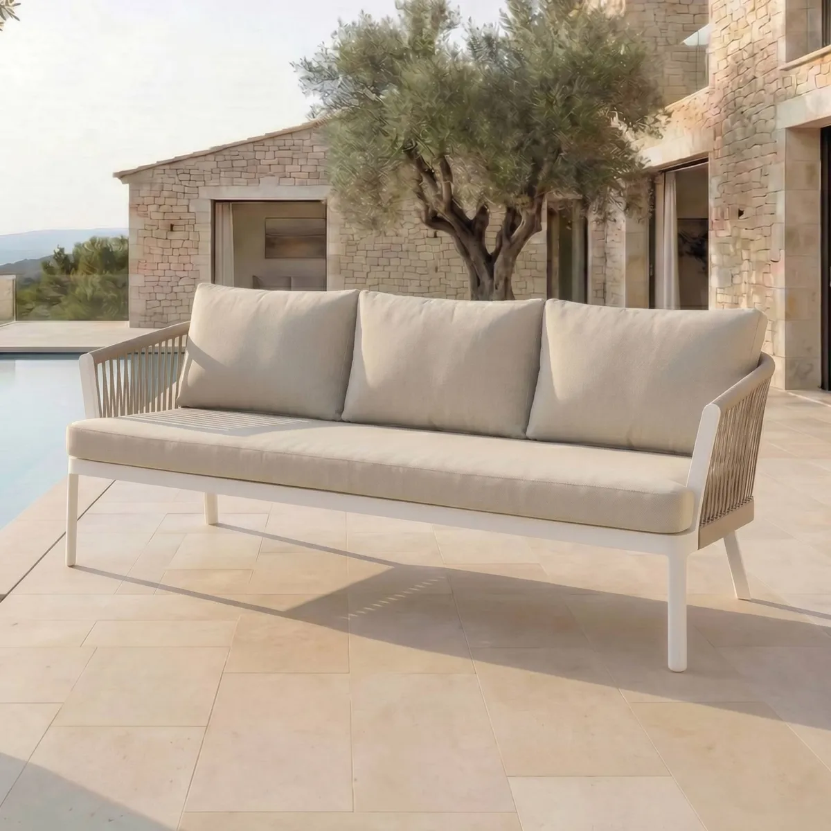 Canapé de jardin en aluminium 3 places Amalfi Blanc et beige