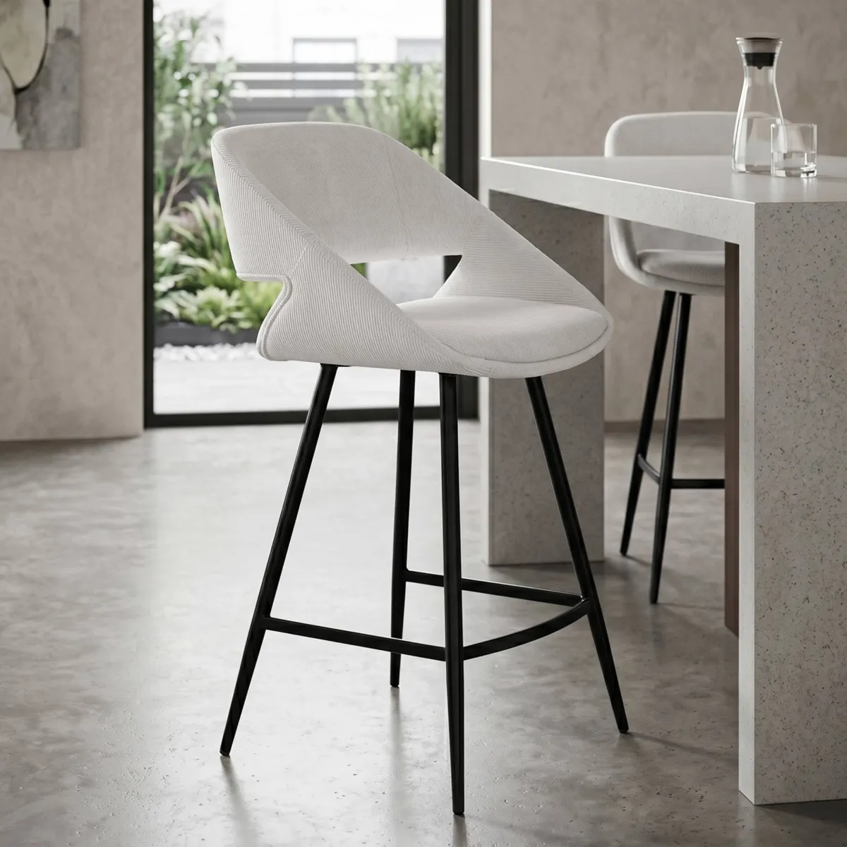 Set di 2 sedie per isola centrale con schienale in velluto a coste (Altezza seduta 68cm) Kosmo Ecru