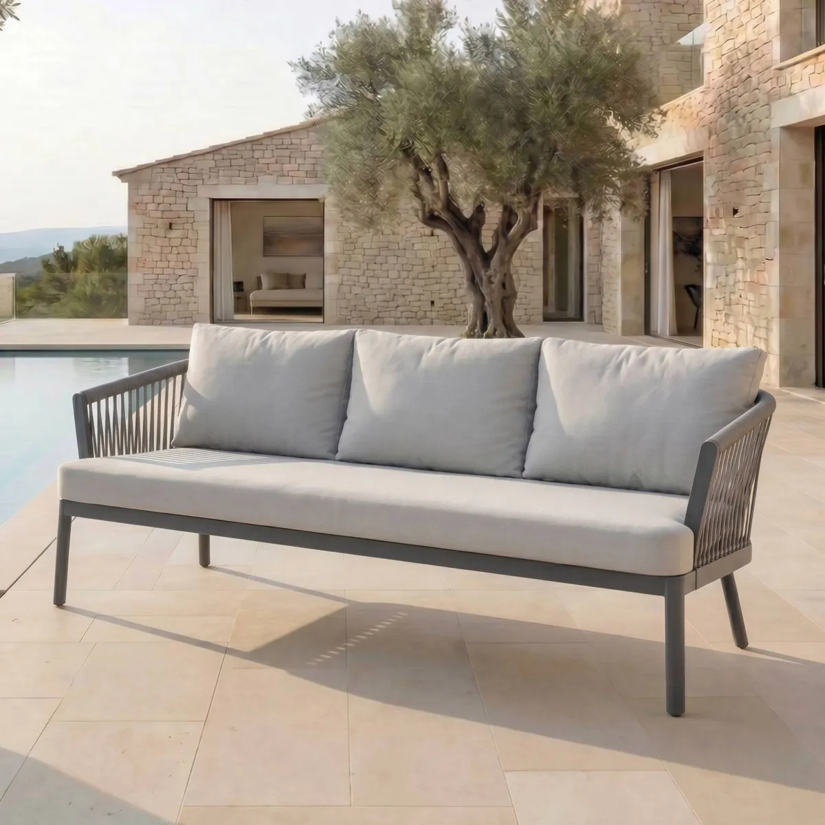 Divano da giardino in alluminio 3 posti Amalfi Grigio antracite e grigio chiaro