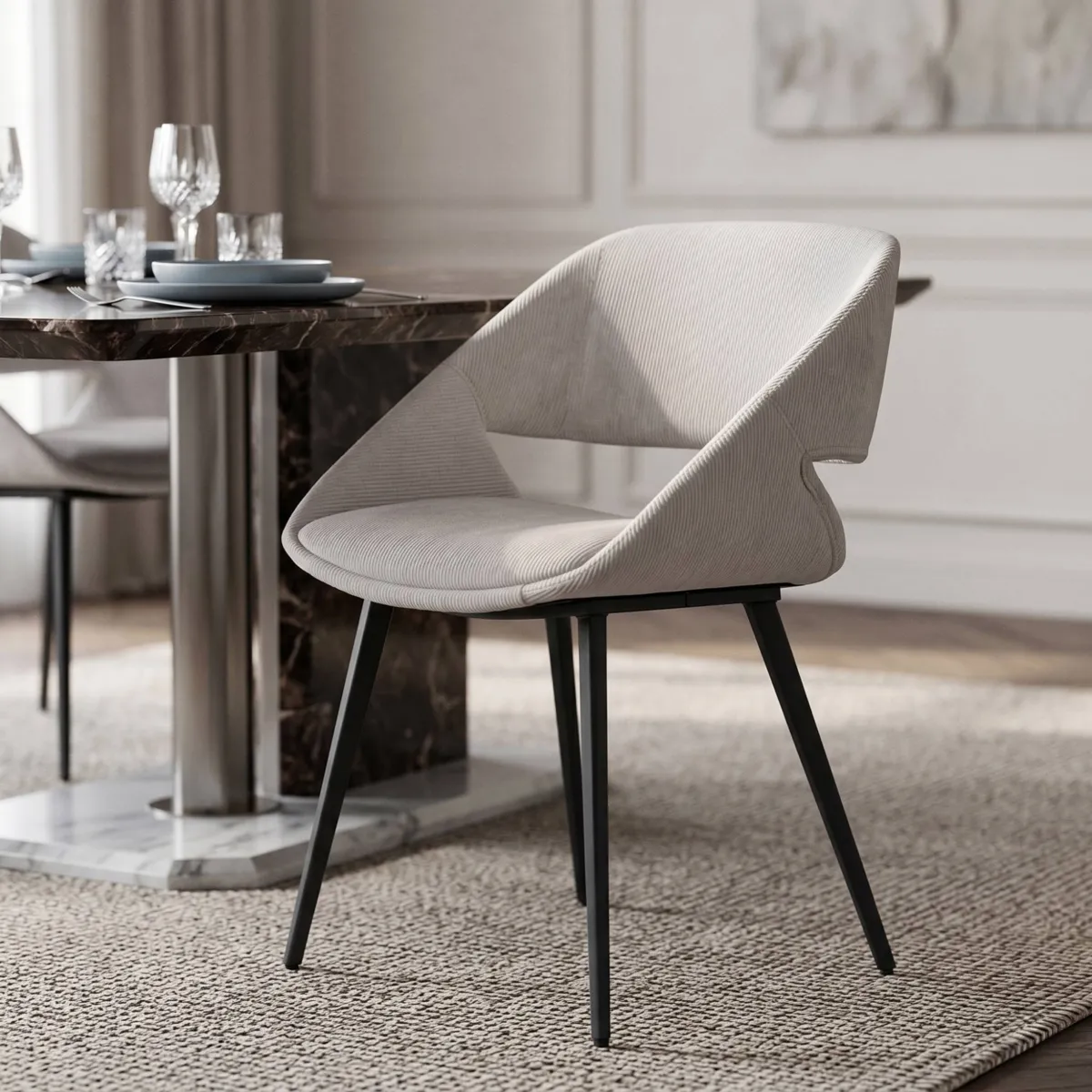 Set di 2 sedie da pranzo in velluto a coste (seduta 49 cm) Orka Ecru