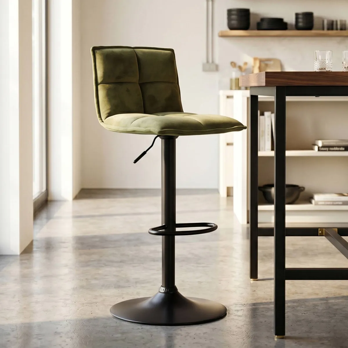 Set di 2 sgabelli da bar girevoli con schienale regolabile in altezza (seduta da 63 a 84 cm) Carly Verde oliva
