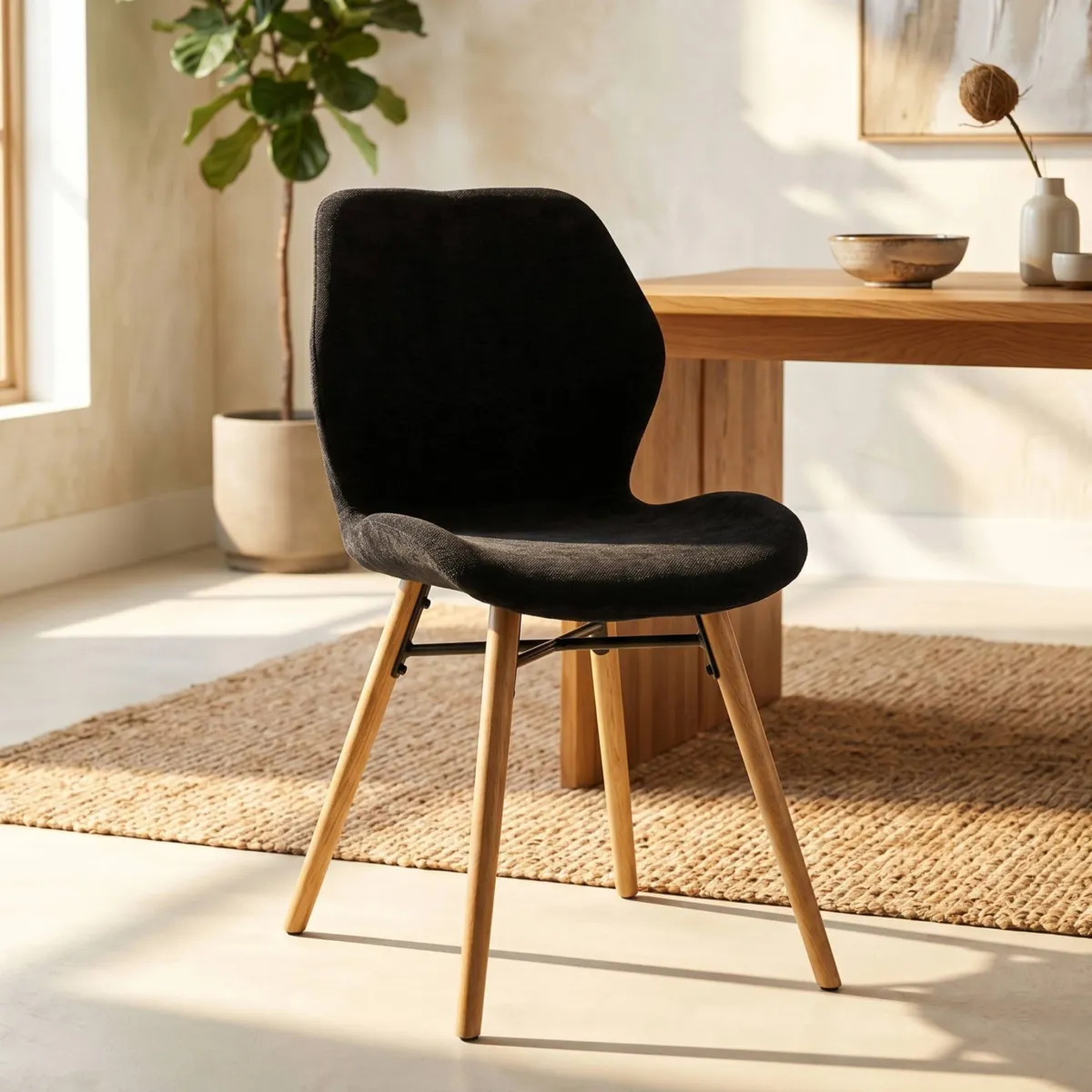 Lot de 2 chaises de salle à manger tissu texturé (Assise 46 cm) Malika Noir