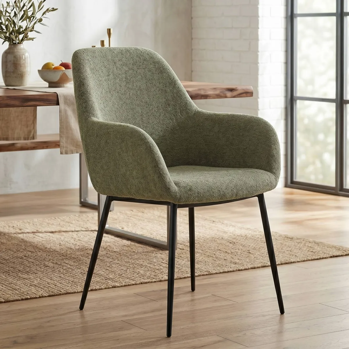 Lot de 2 chaises de salle à manger tissu chenillé (Assise 48 cm) Zola Vert kaki