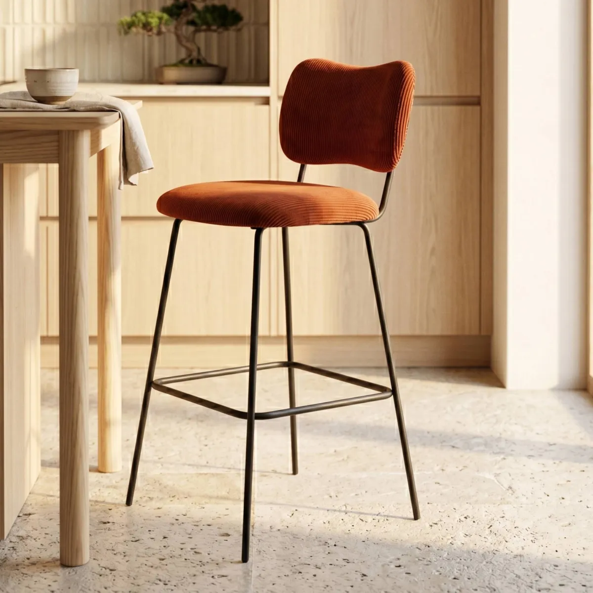 Chaise de bar avec dossier velours côtelé (Assise 77cm) Orion Marron foncé