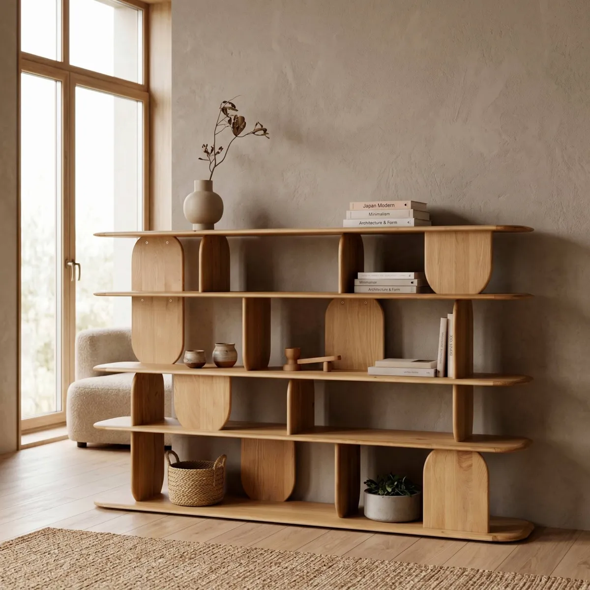 Bibliothèque design 5 étagères chêne massif (200 x 130 cm) Kest Naturel