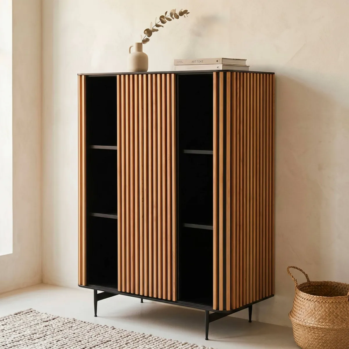 Buffet haut 3 niveaux chêne massif (98 x 135 cm) Rytm Noir