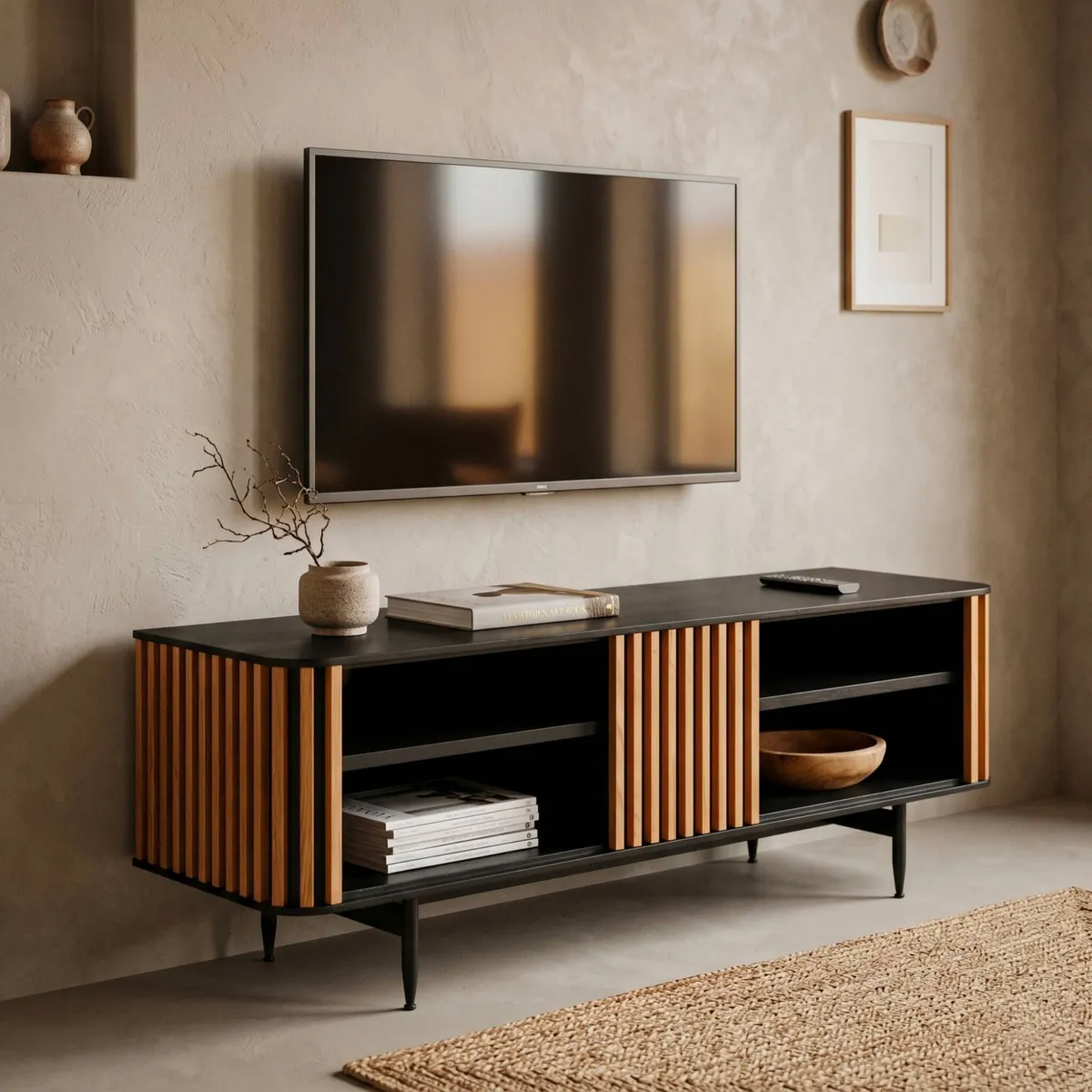 Mobile TV 4 nicchie in rovere massiccio (130 x 43 cm) Rytm Nero