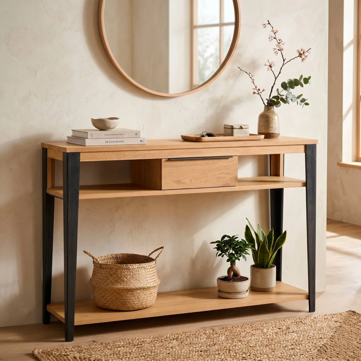 Consolle 1 cassetto in rovere massiccio e metallo (120 x 85 cm) Bristol Naturale