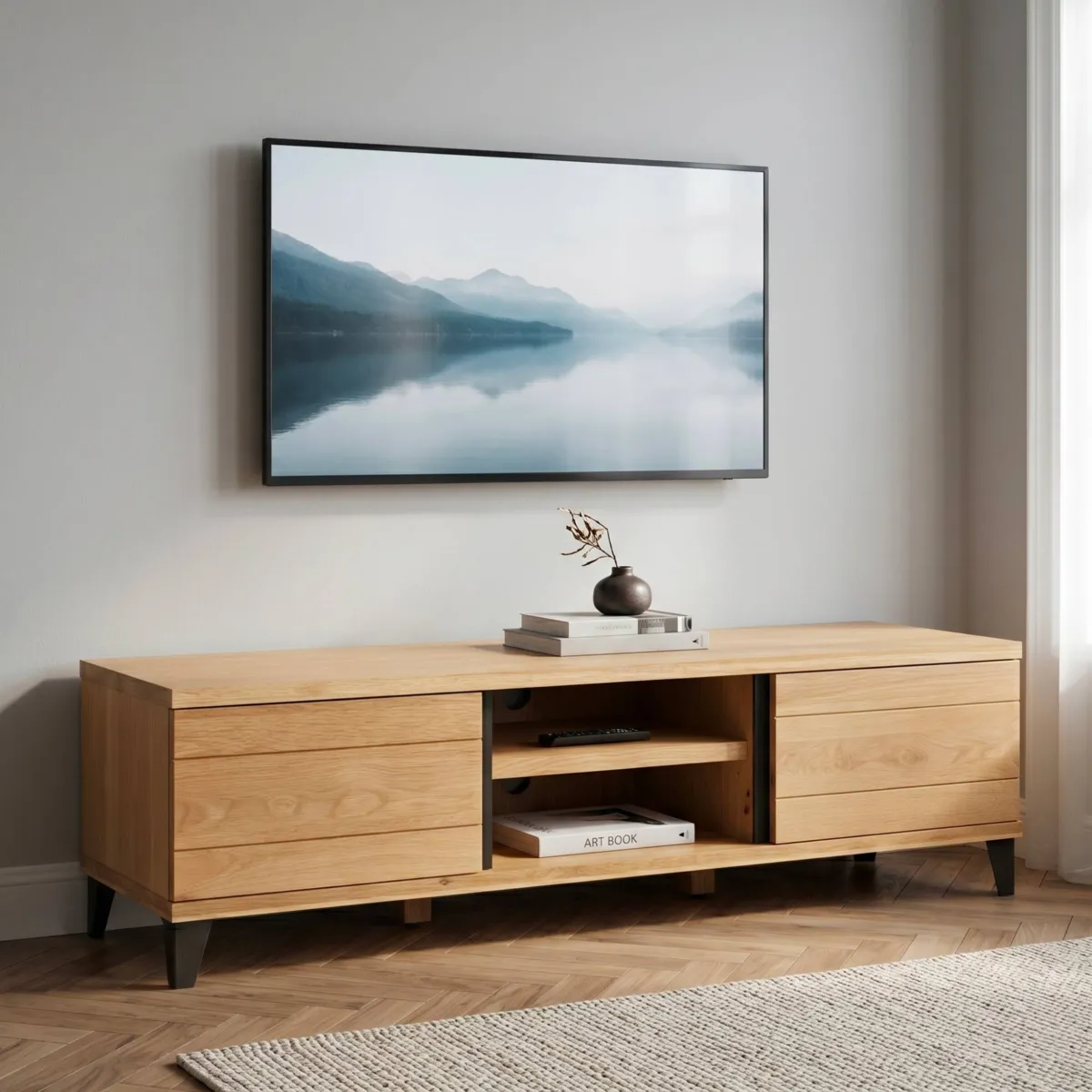 Mobile TV 2 scomparti 2 ante in rovere massiccio e metallo (150 x 44 cm) Bristol Naturale