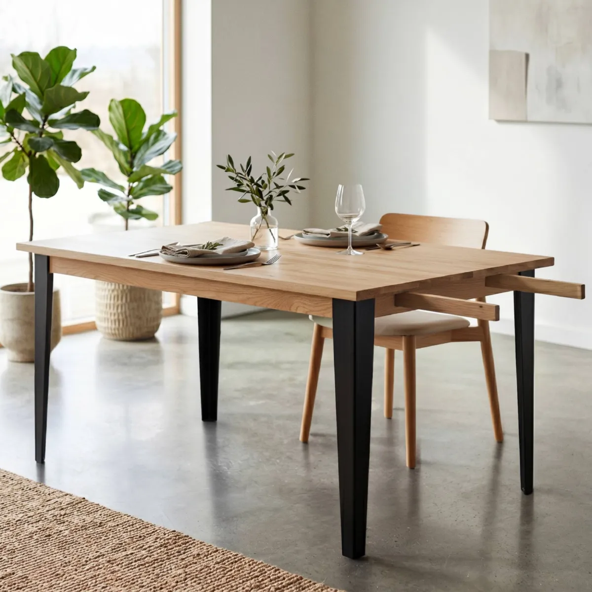 Tavolo rettangolare allungabile in rovere massiccio e metallo (160 cm) Bristol Naturale