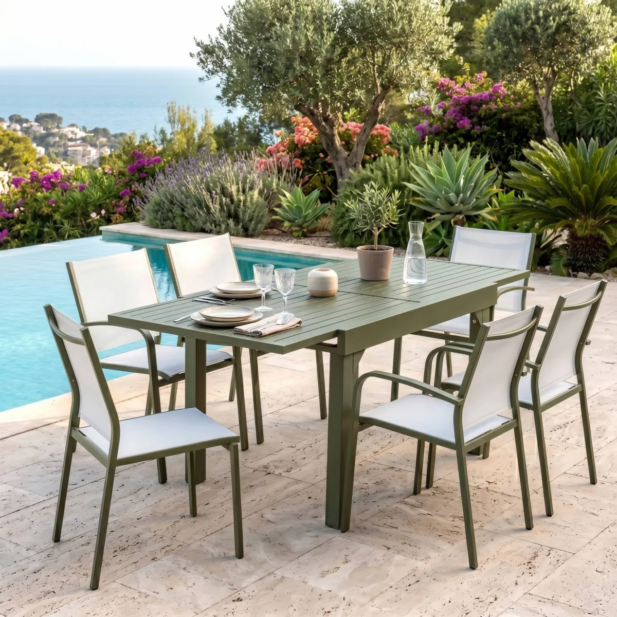 Table de jardin extensible en aluminium 8 places (90/180 x 90 cm) Murano Vert olive
