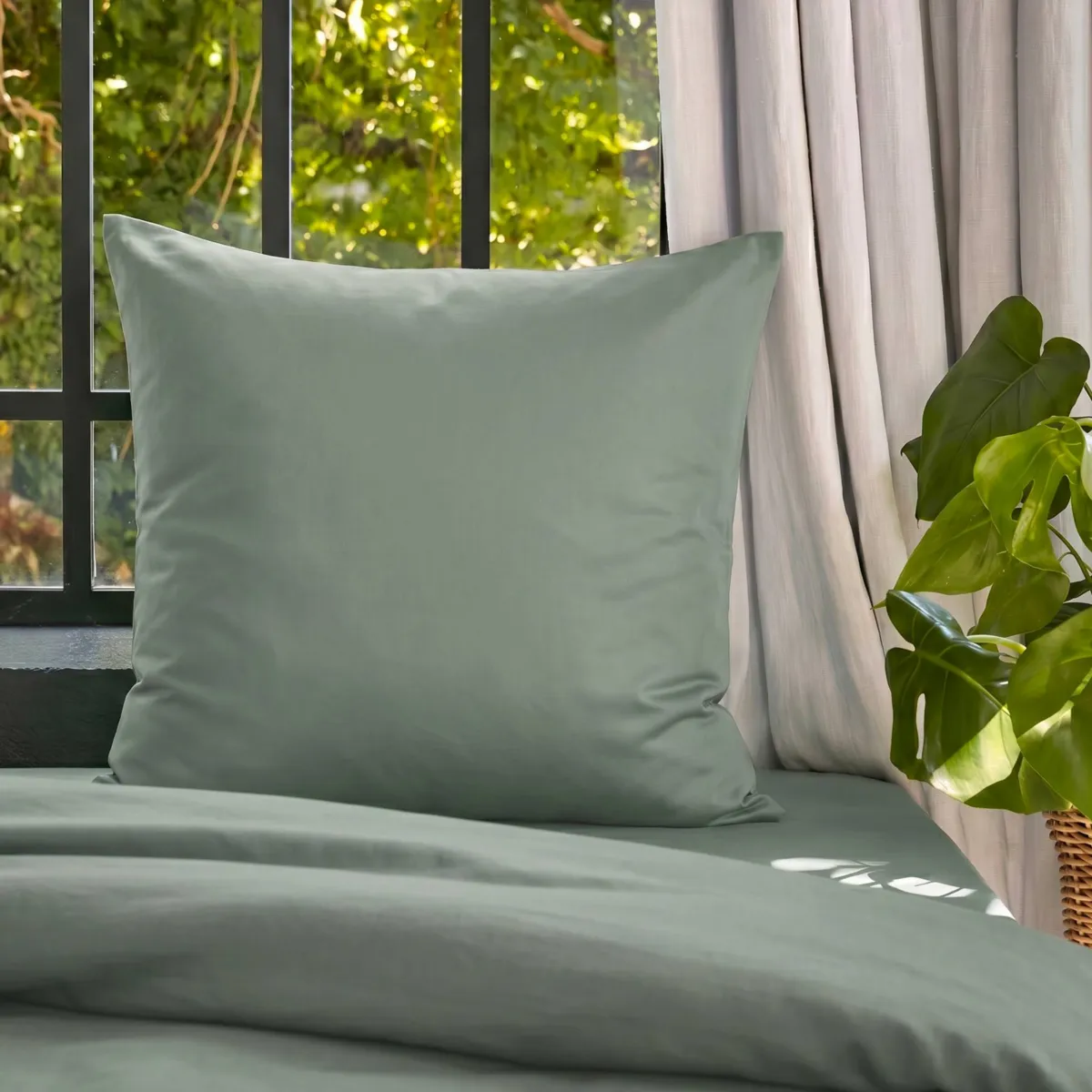 Federa cuscino letto quadrato lyocell Tencel™ lavato (63 x 63 cm) Olivia Verde eucalipto