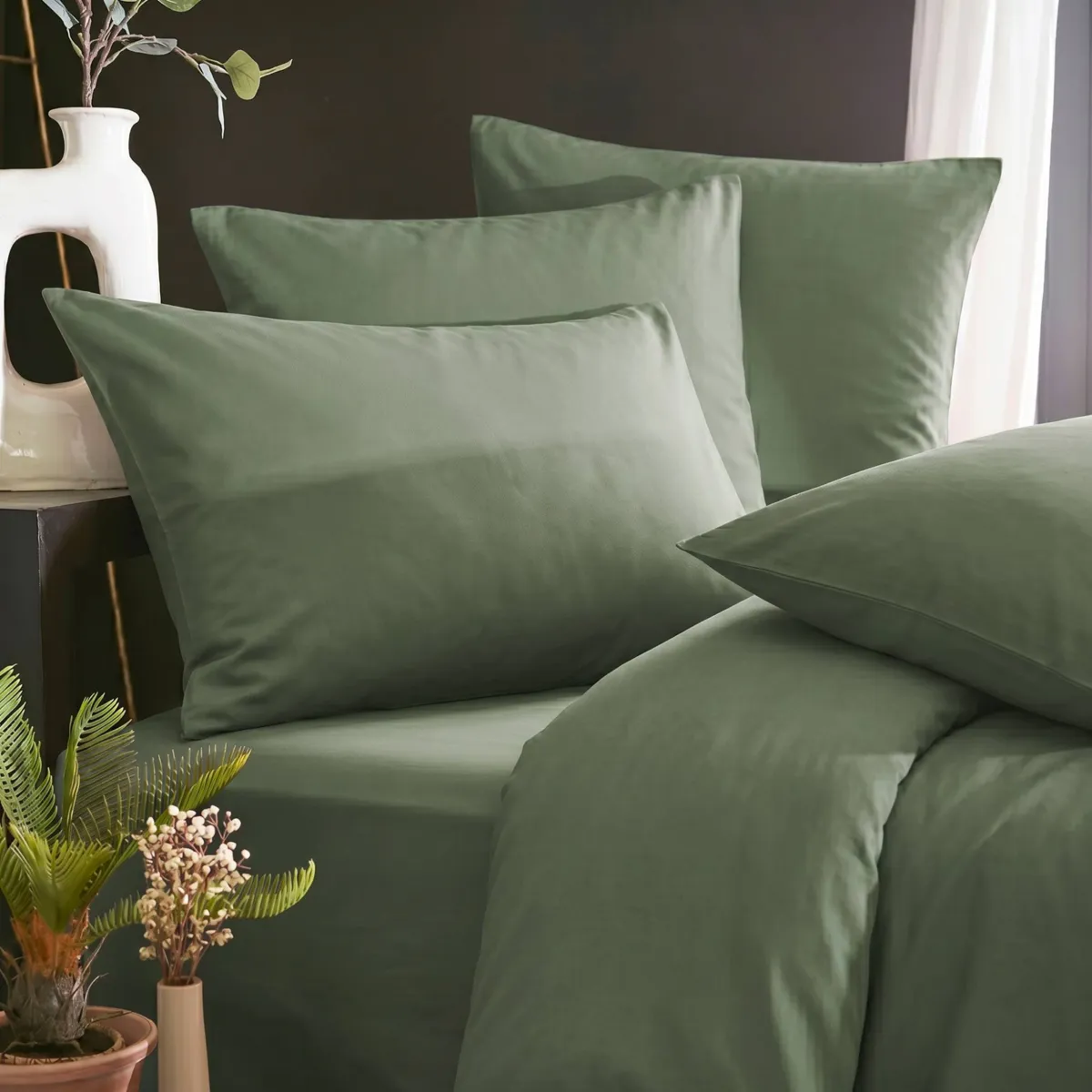 Drap housse lyocell Tencel™ lavé (180 x 200 cm) Olivia Vert romarin