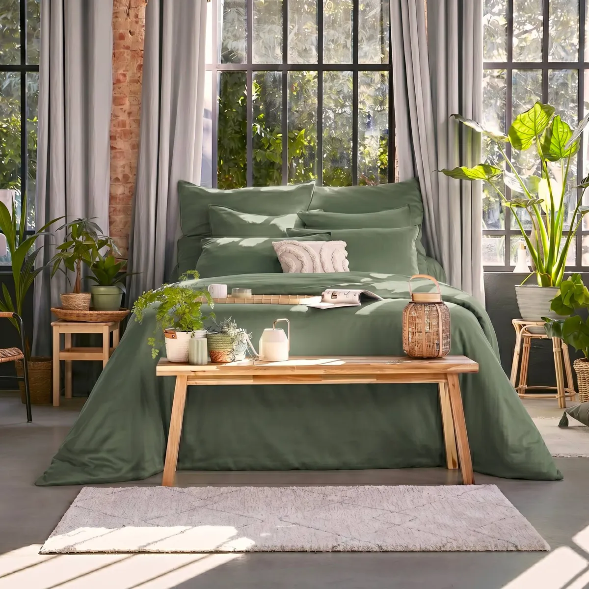 Drap housse lyocell Tencel™ lavé (160 x 200 cm) Olivia Vert romarin