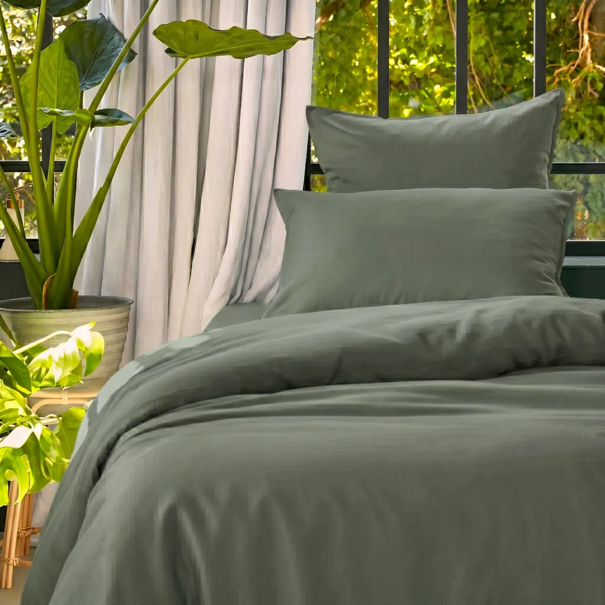 Housse de couette lyocell Tencel™ lavé (140 x 200 cm) Olivia Vert romarin