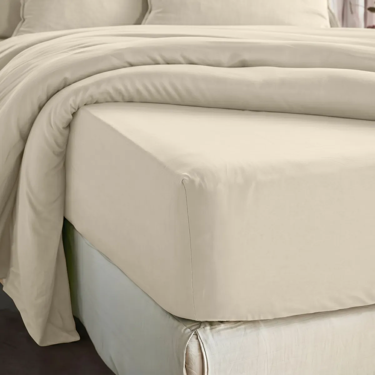 Drap housse lyocell Tencel™ lavé (160 x 200 cm) Olivia Beige pampa