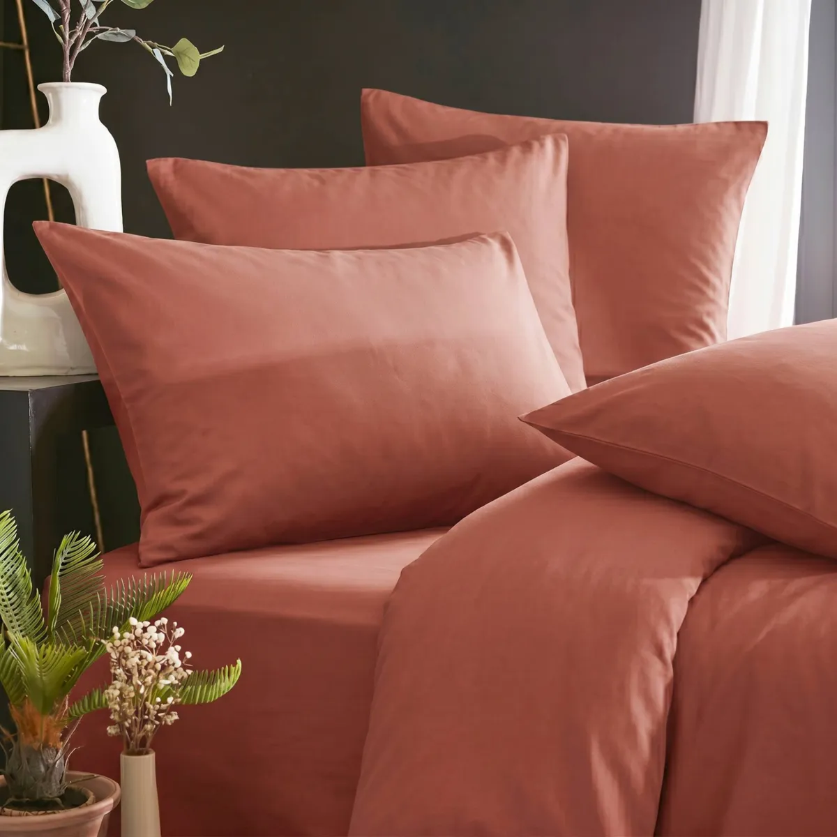 Drap housse lyocell Tencel™ lavé (160 x 200 cm) Olivia Terracotta