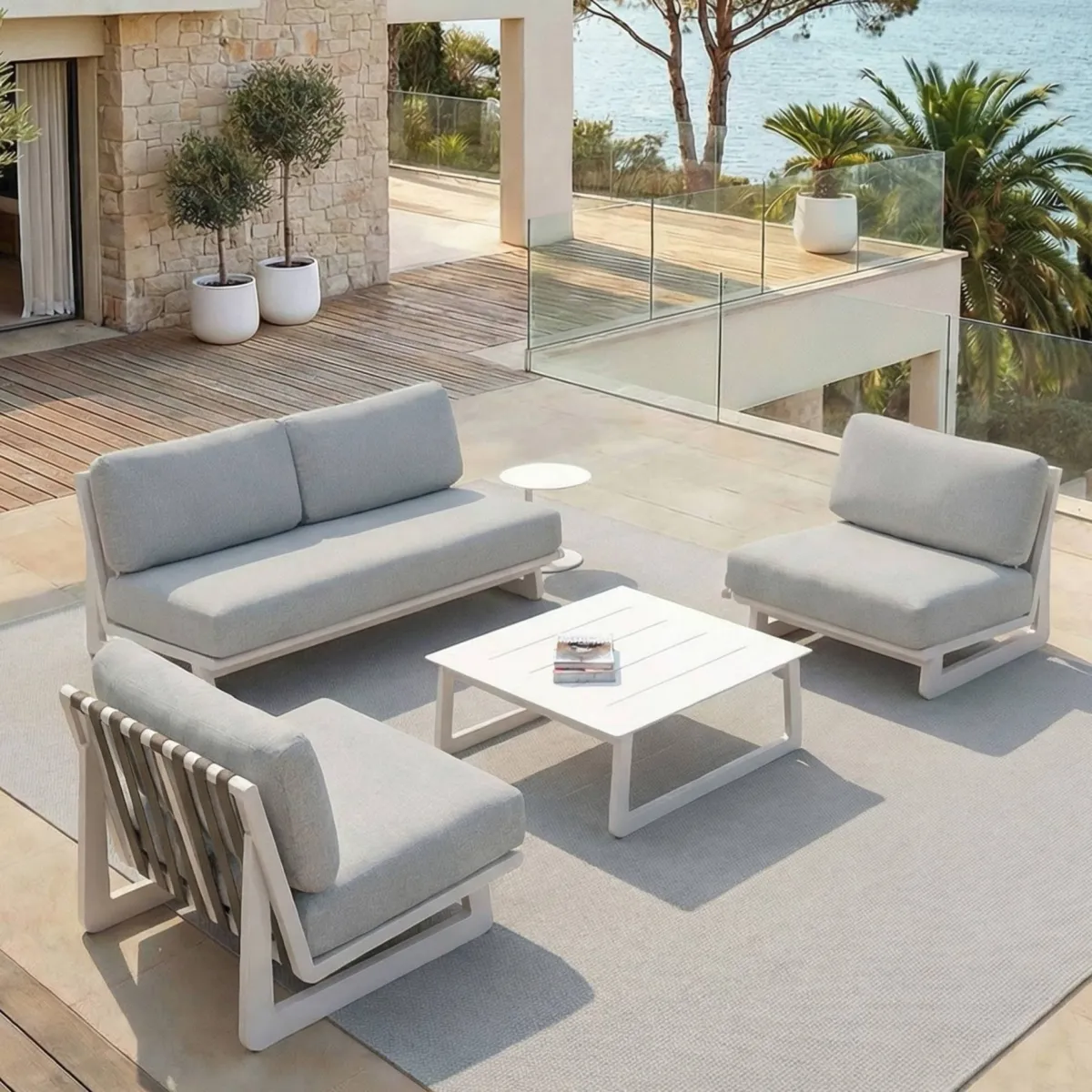 Salon de jardin en aluminium 4 places 4 pcs Long Beach Blanc cendré et gris clair