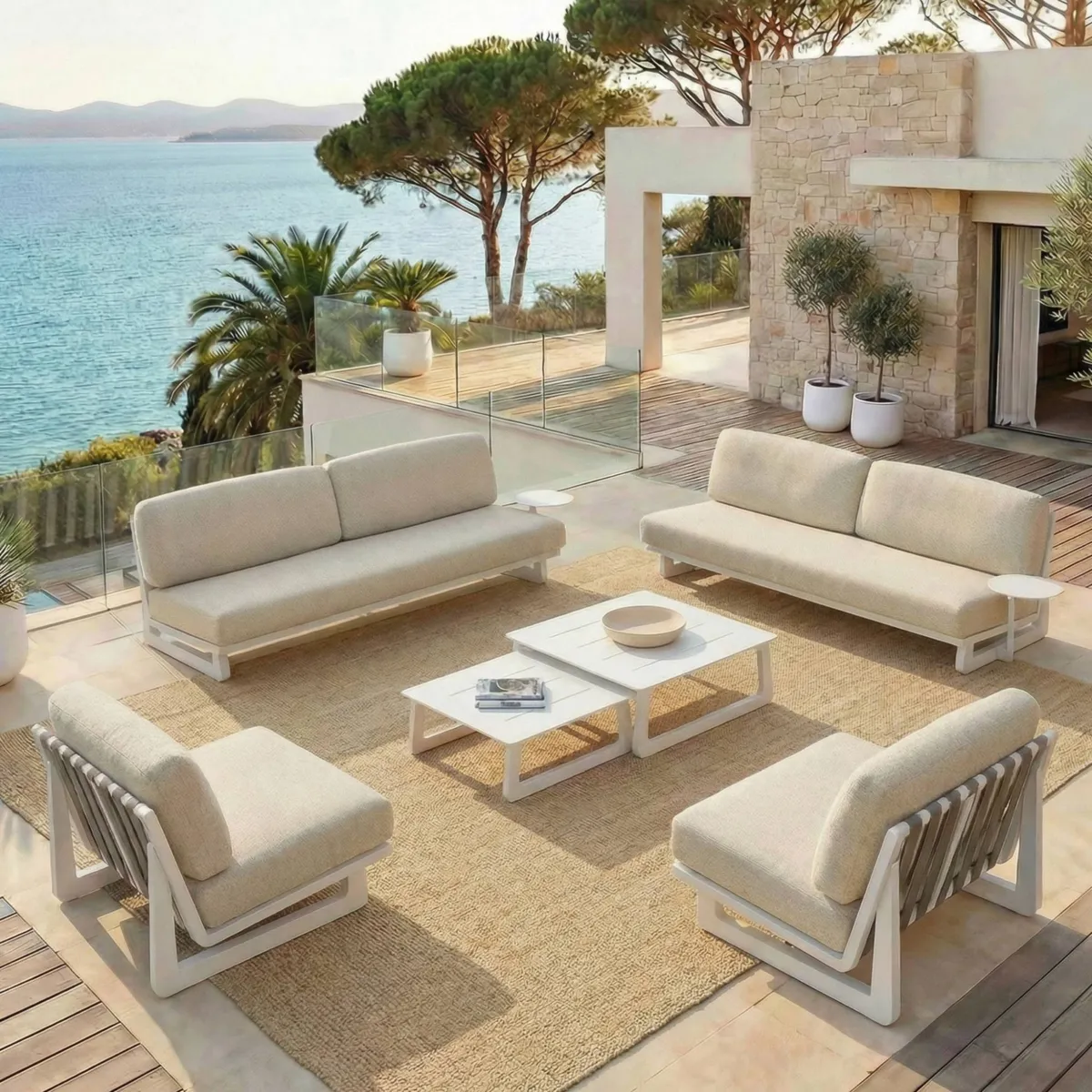 Salon de jardin en aluminium 8 places 6 pcs Long Beach Blanc cendré et beige