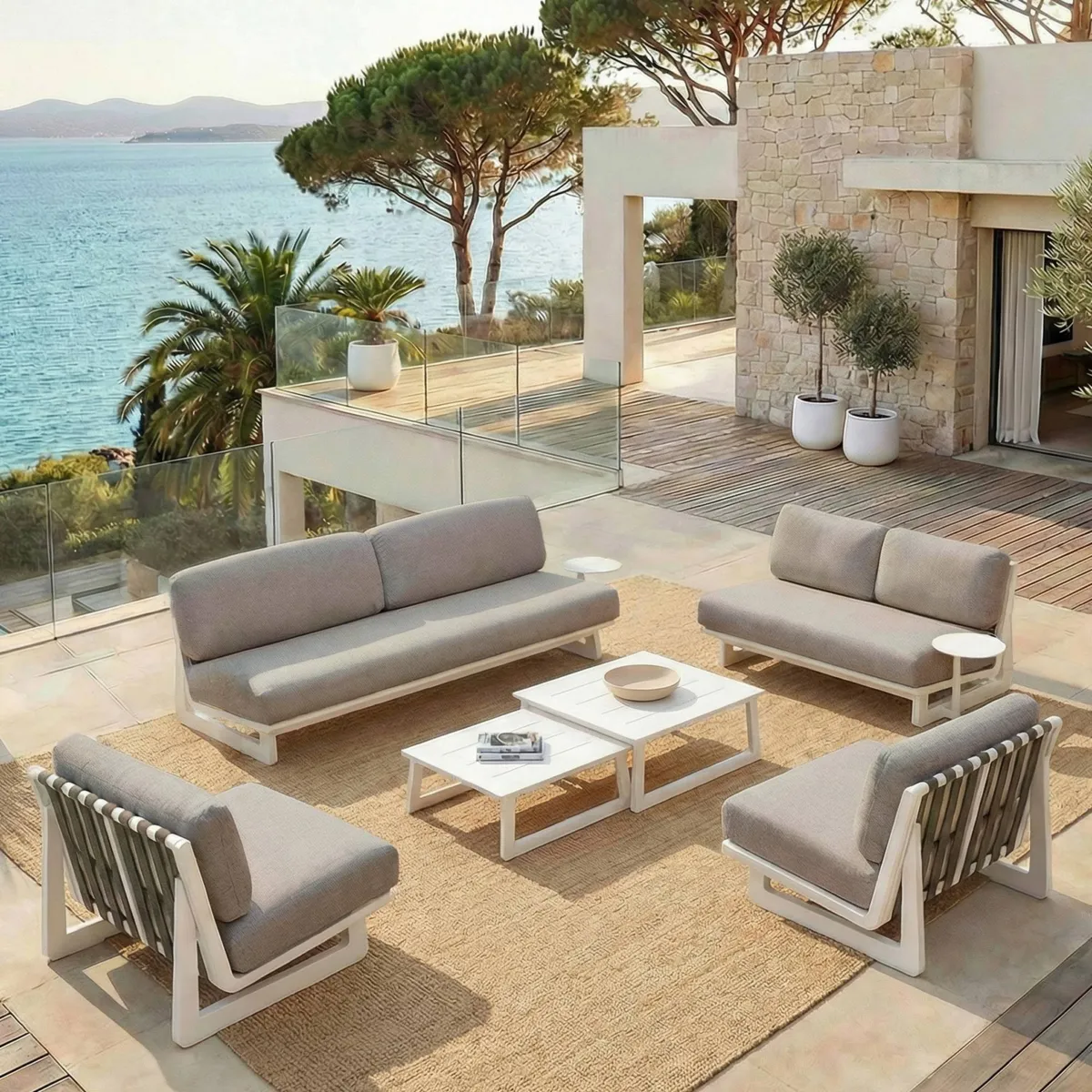 Salon de jardin en aluminium 7 places 6 pcs Long Beach Blanc cendré et beige