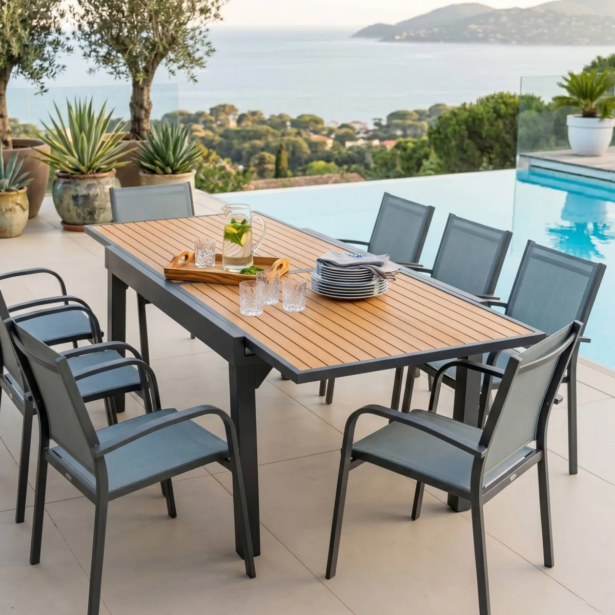 Tavolo da giardino allungabile 10 posti Alluminio effetto legno Murano (270 x 90 cm) - Grigio antracite 1