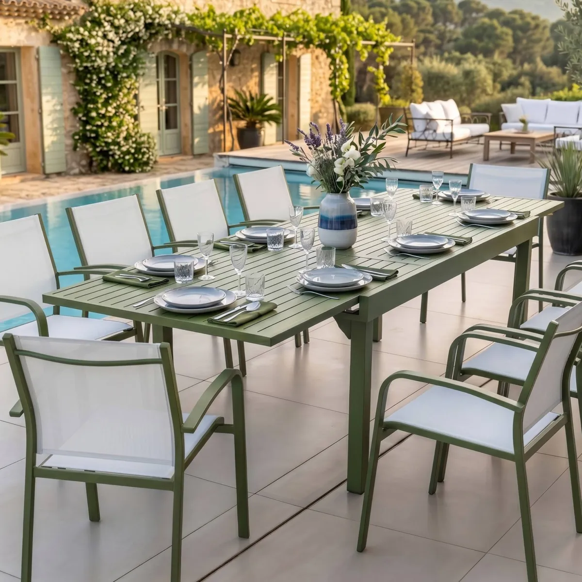 Table de jardin extensible aluminium 12 places (200/320 x 100 cm) Murano Vert olive