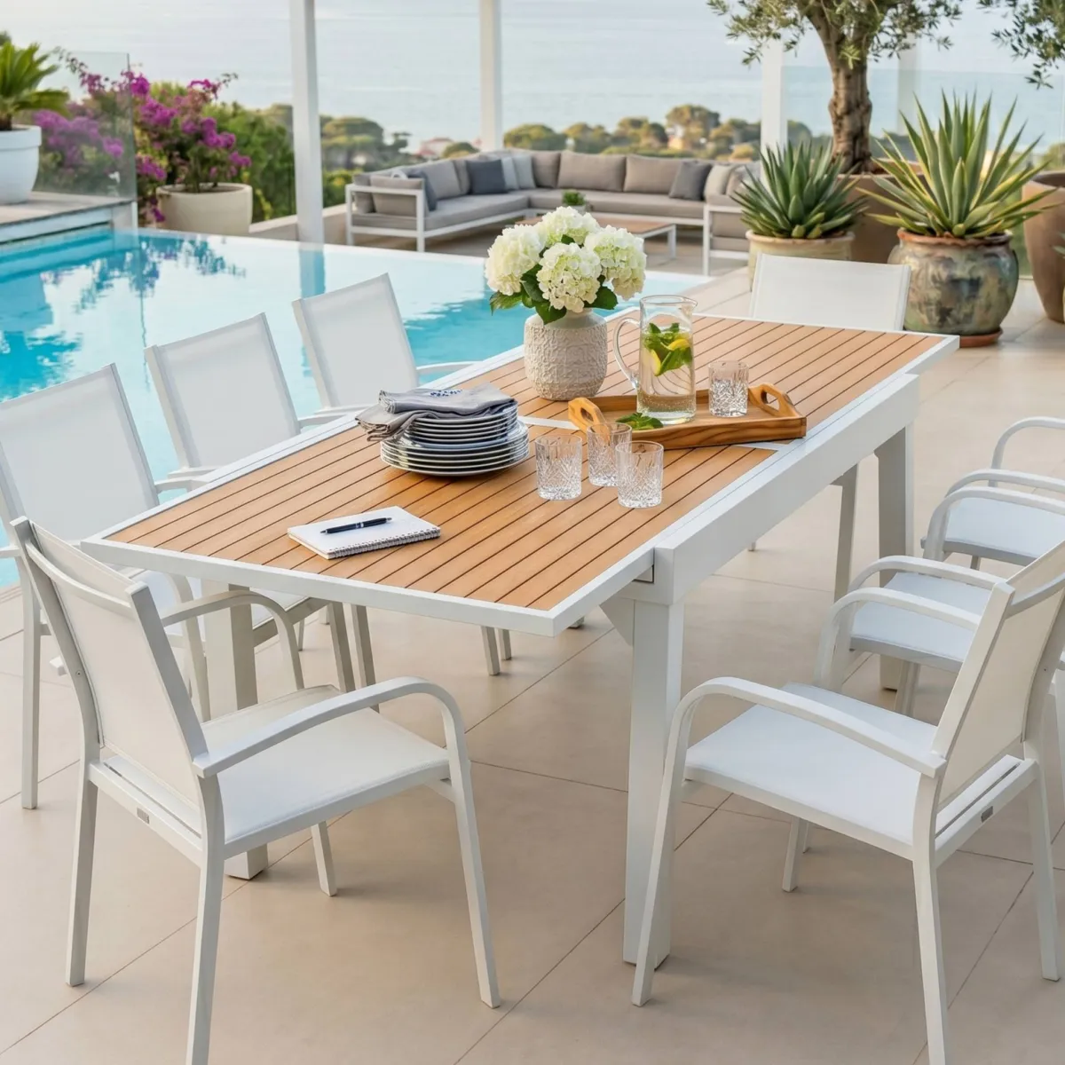 Mesa de jardín extensible 10 personas Aluminio efecto madera Murano (270 x 90 cm) - Blanca 1