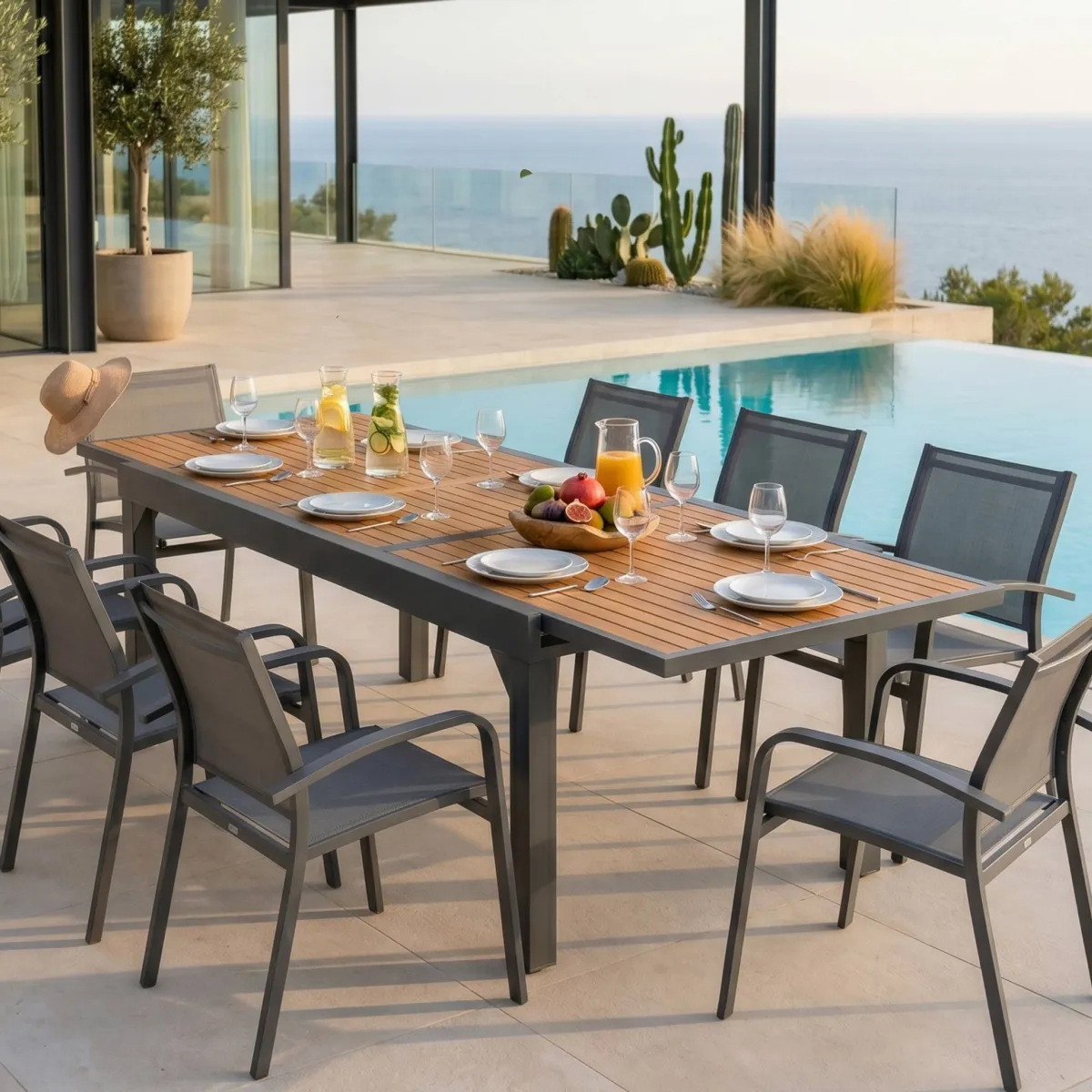 Table de jardin extensible 12 places Aluminium effet bois Murano (320 x 100 cm) - Gris anthracite 1