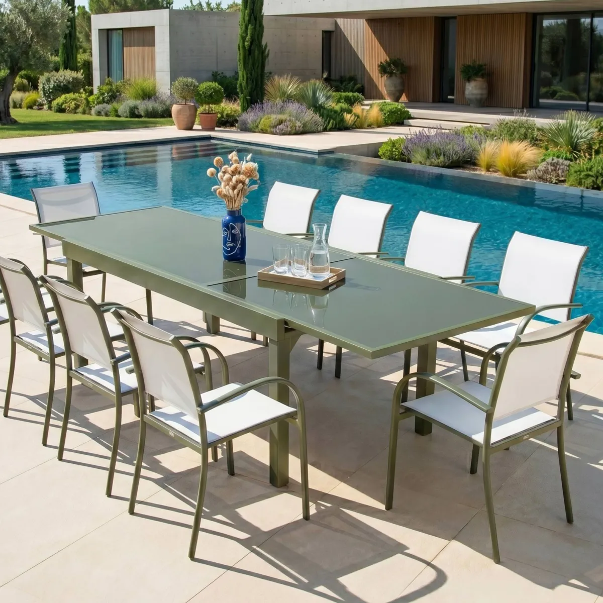 Table de jardin extensible en verre 12 places (200/320 x 100 cm) Murano Vert