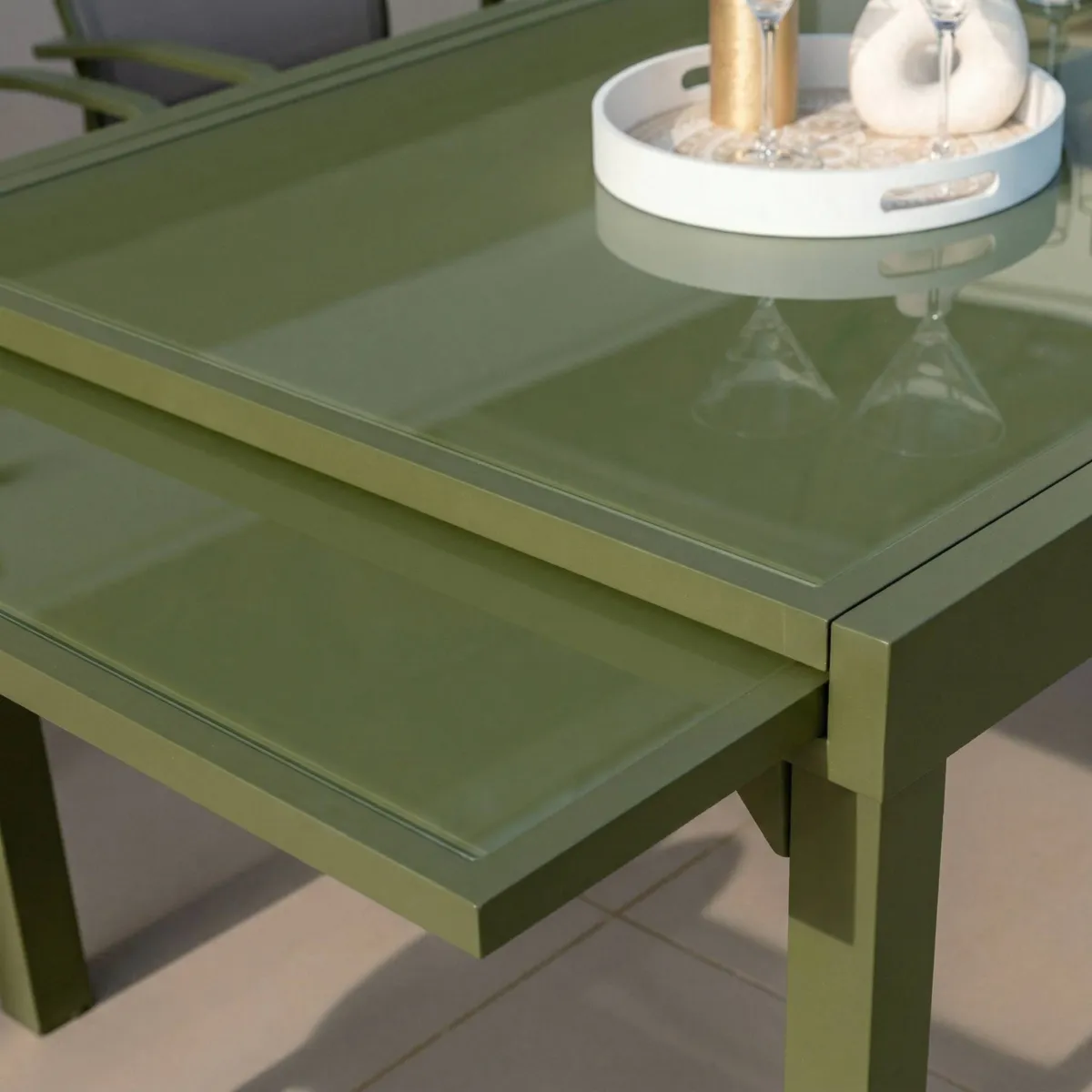 Table de jardin extensible en verre 12 places (200/320 x 100 cm) Murano Vert olive