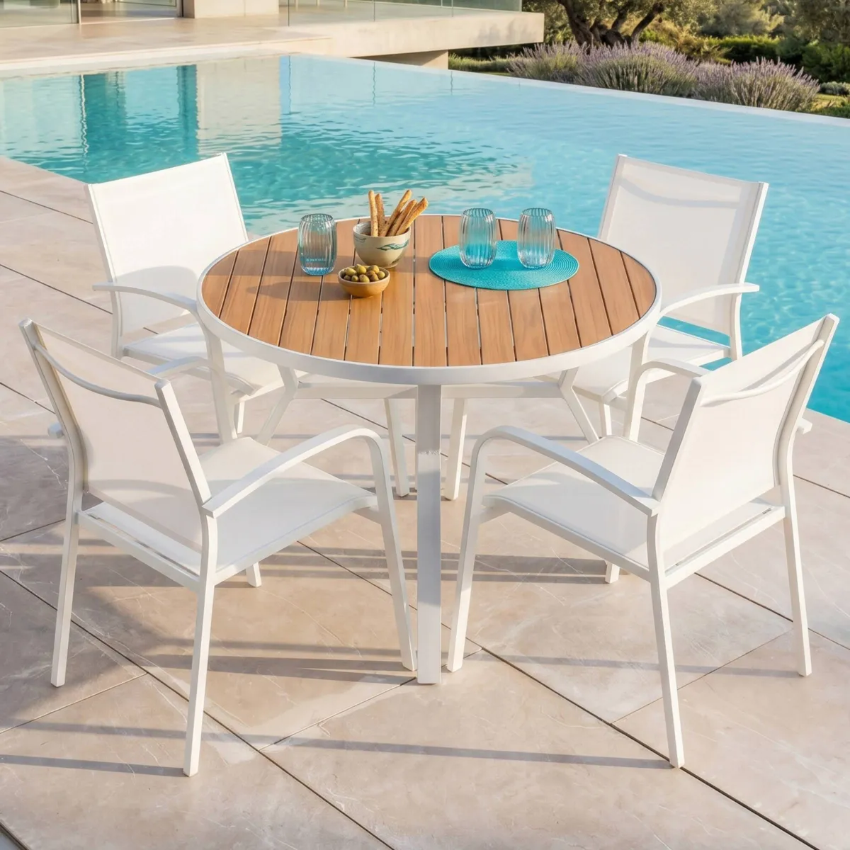 Table de jardin ronde en aluminium 5 places (D105 cm) Murano Blanc et effet bois