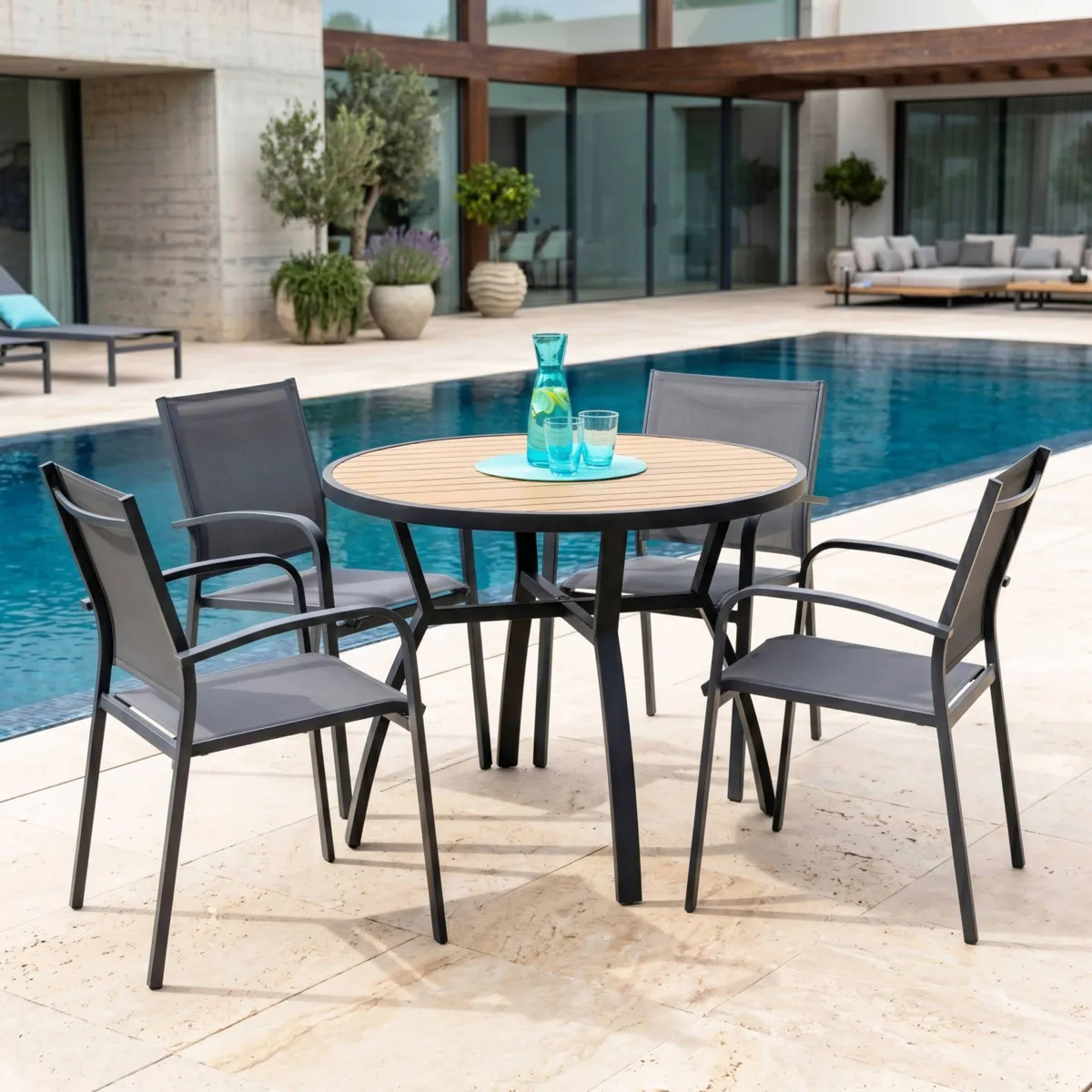Table de jardin ronde en aluminium 5 places (D105 cm) Murano Gris anthracite et effet bois