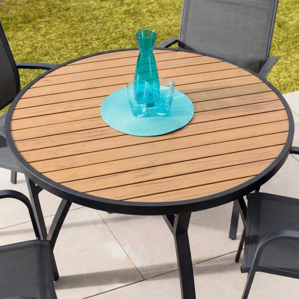 Table de jardin ronde en aluminium 5 places (D105 cm) Murano Gris anthracite et effet bois