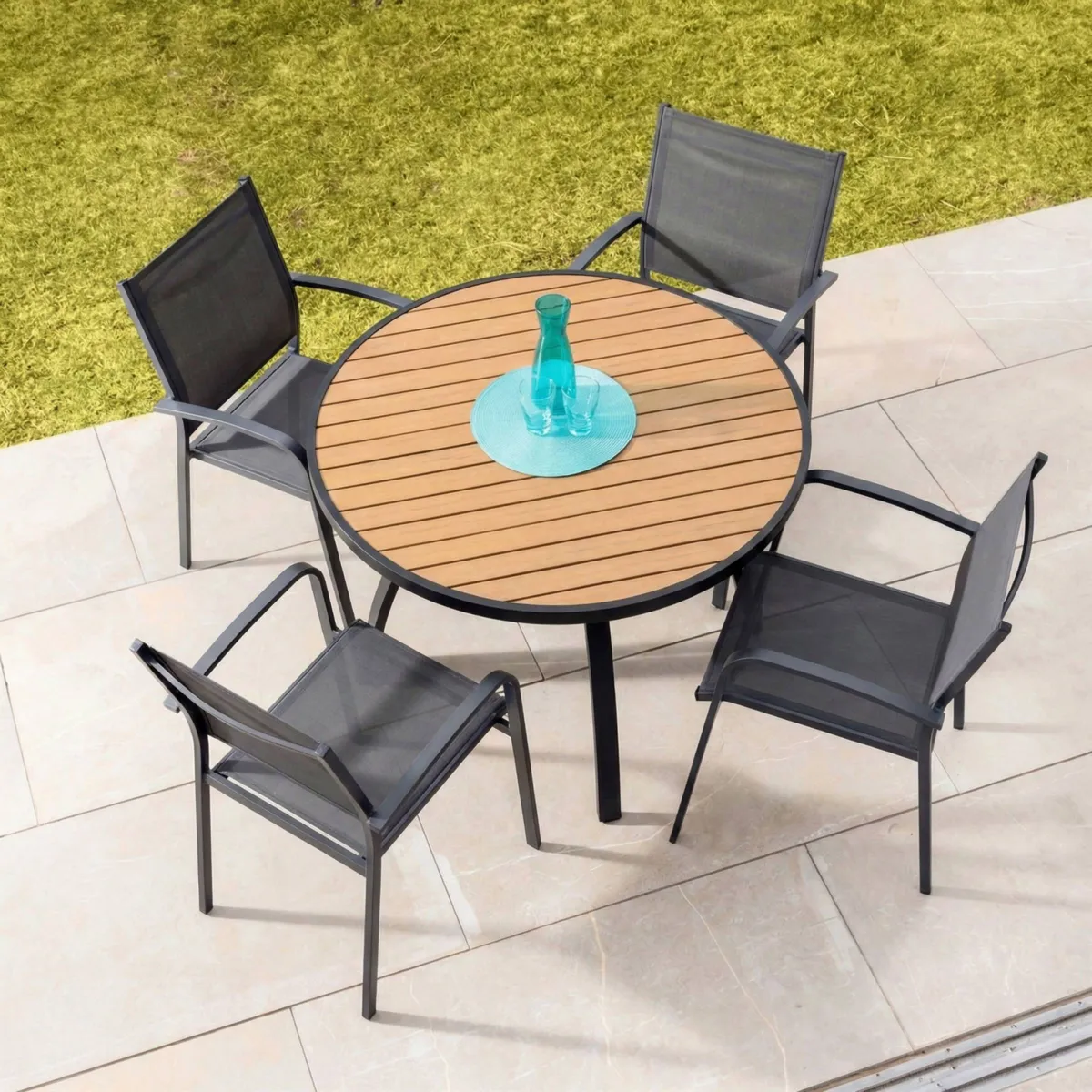 Tavolo da giardino rotondo in alluminio 5 posti (D105 cm) Murano Grigio antracite ed effetto legno