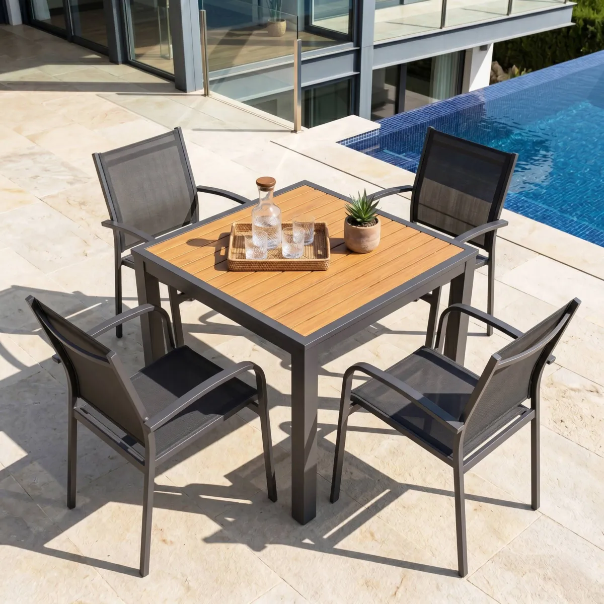 Tavolo da giardino quadrato in alluminio 4 posti (89 x 89 cm) Murano Grigio antracite ed effetto legno