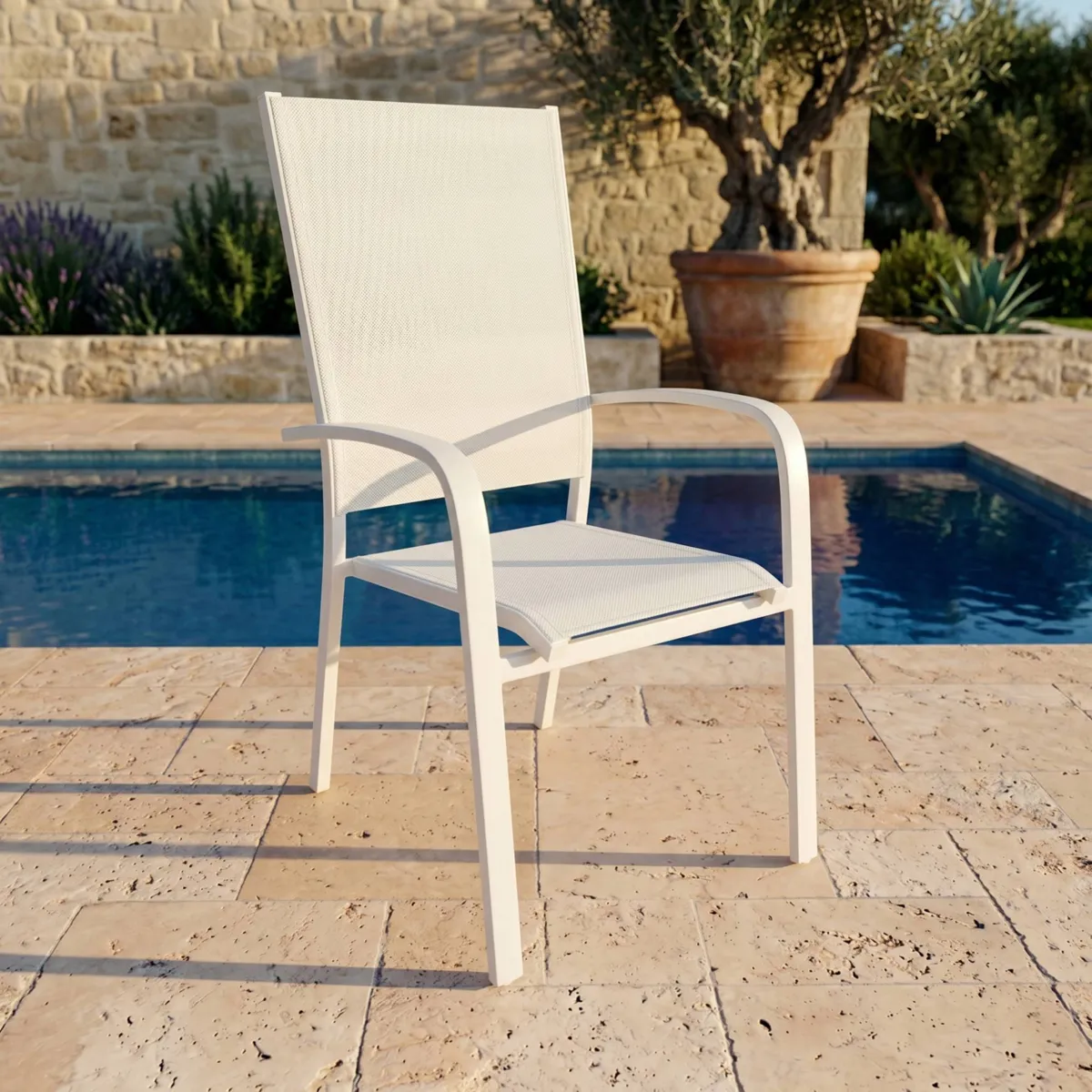Sedia da giardino con schienale alto in alluminio impilabile Murano Bianco