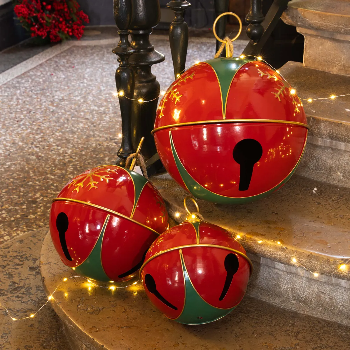 Set di 3 campane da appendere (D20-25-30 cm) Fiocchi di Natale Rosso e verde