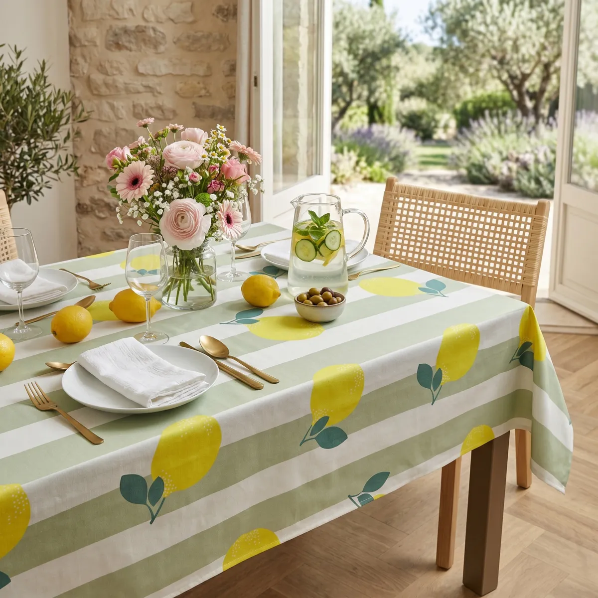 Mantel rectangular de algodón revestido (150 x 350 cm) Antibes Verde