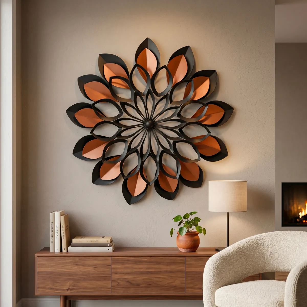 Decorazione murale in metallo (D91 cm) Fiore Nero e marrone