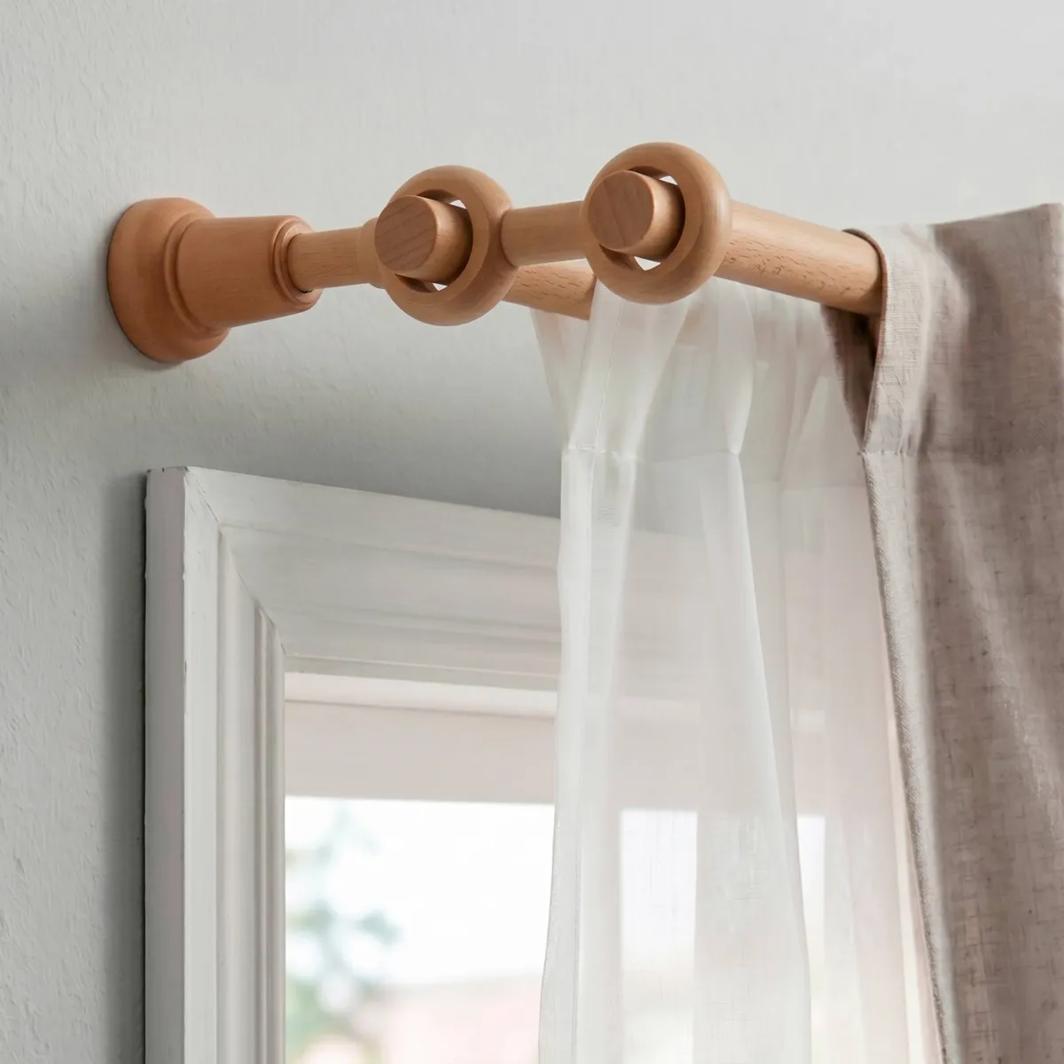 Soporte doble fijo para barra de cortina de madera (L21.5 cm /D28 mm) Nils Beige Barnizado