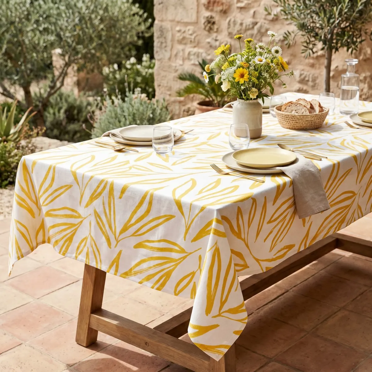 Nappe rectangulaire coton enduit (150 x 350 cm) Galice Jaune moutarde
