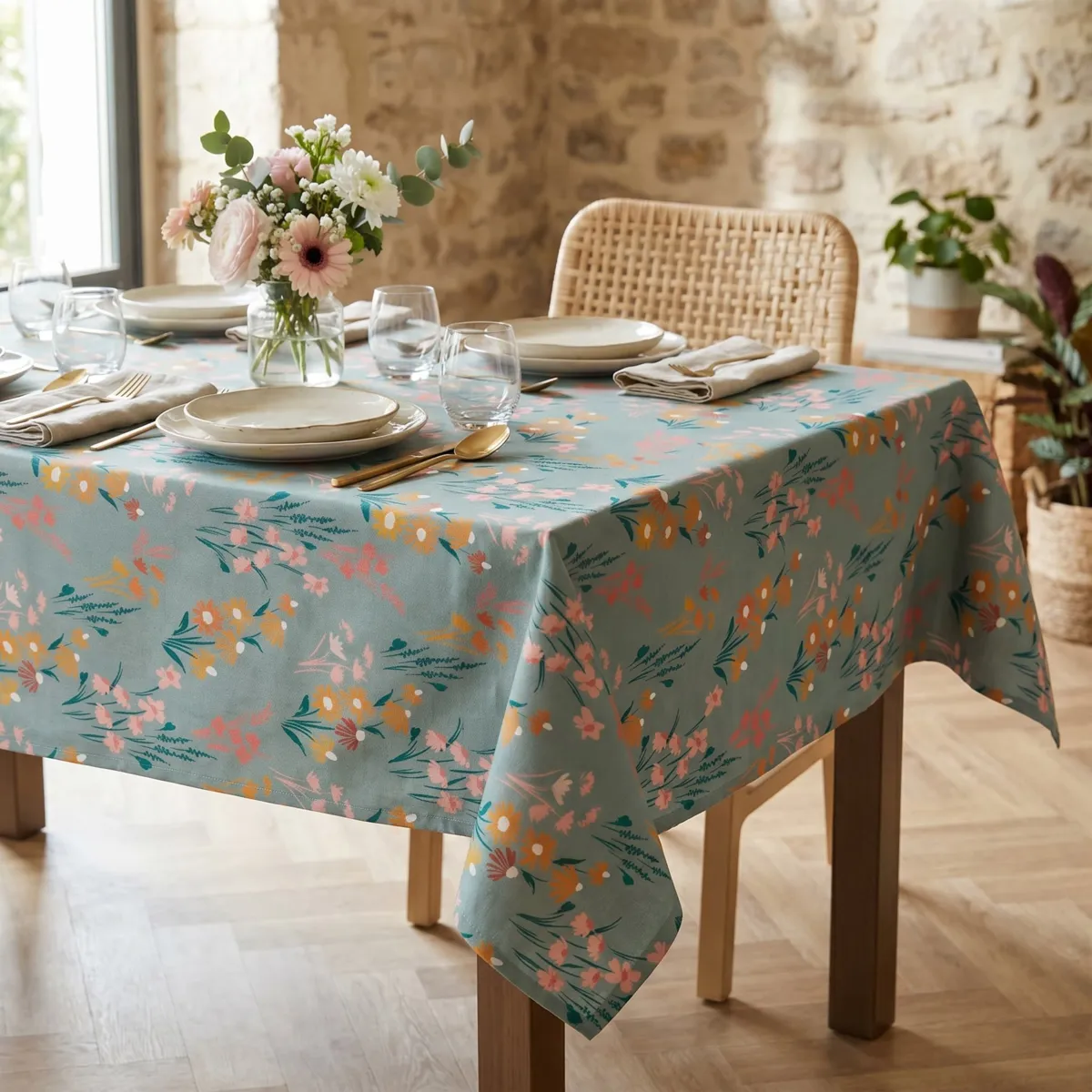 Rechthoekig gecoat katoenen tafelkleed (150 x 350 cm) Juliette Eucalyptus Groen