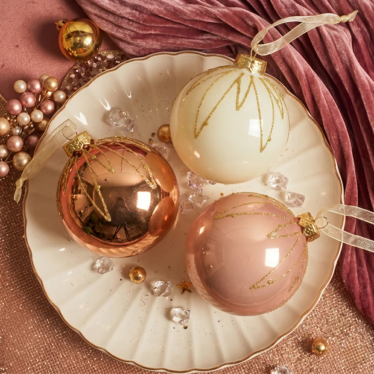 Lot de 12 boules de Noël en verre (D80 mm) chic Cognac, blanc laine et pêche