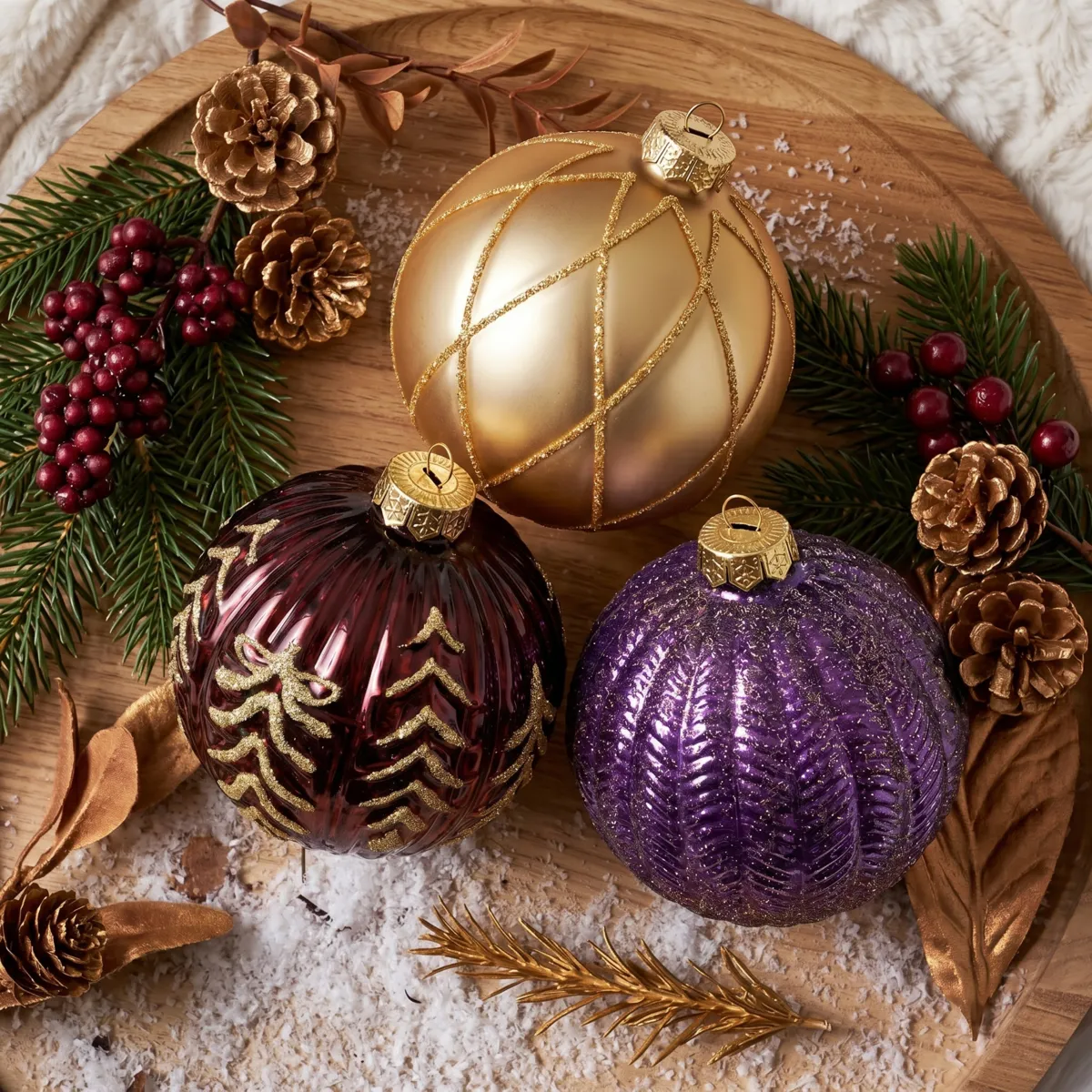 Lot de 12 boules de Noël en verre (D100 mm) Rêverie Figue bordeaux et or