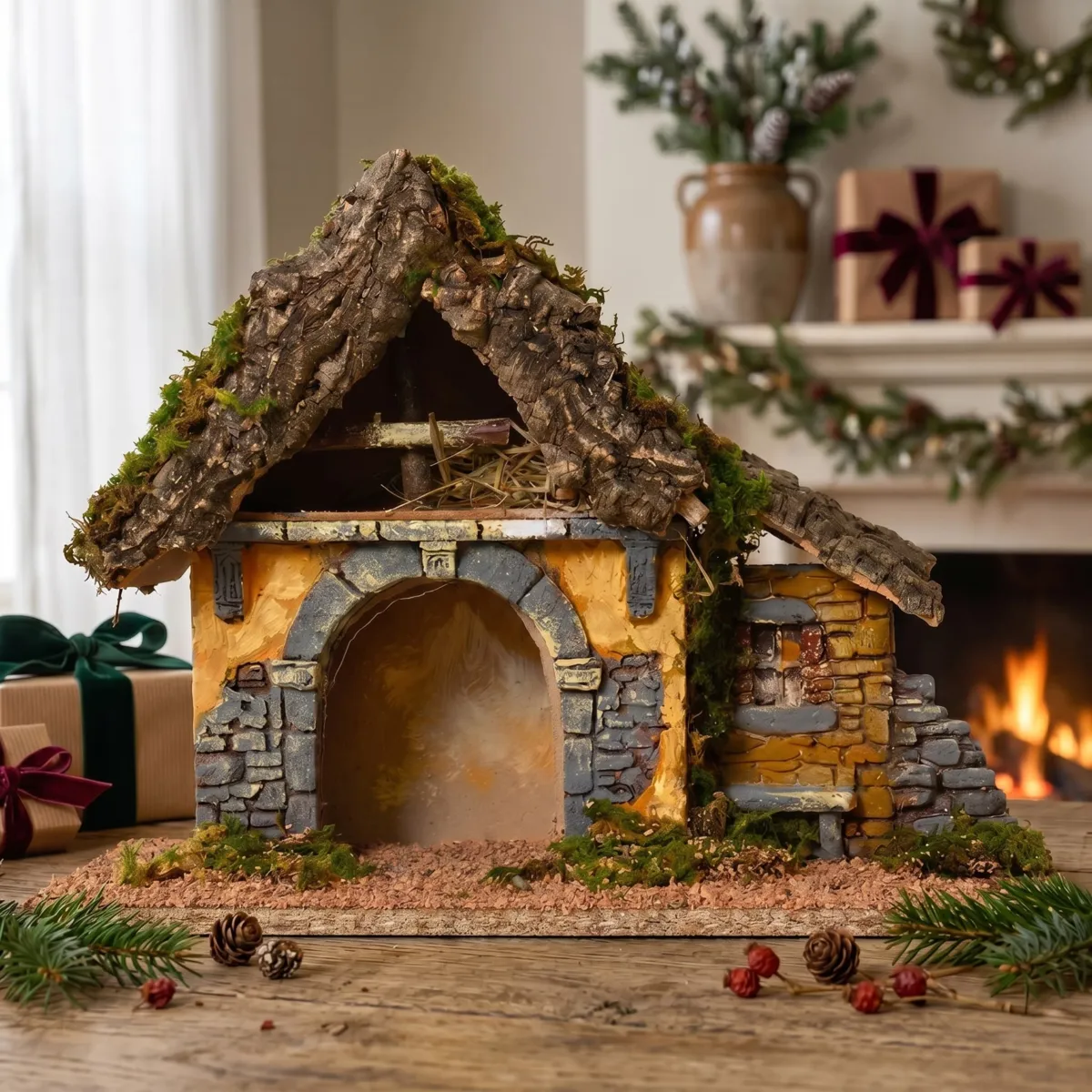 1 Creche noel bois L36-W17-H27cm naturel 