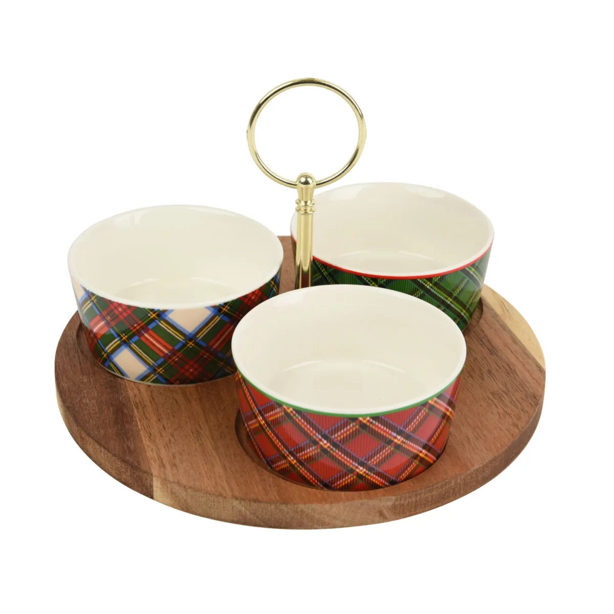 Set per tapas 3 ciotole e vassoio (D20 cm) Tartan Rosso e verde