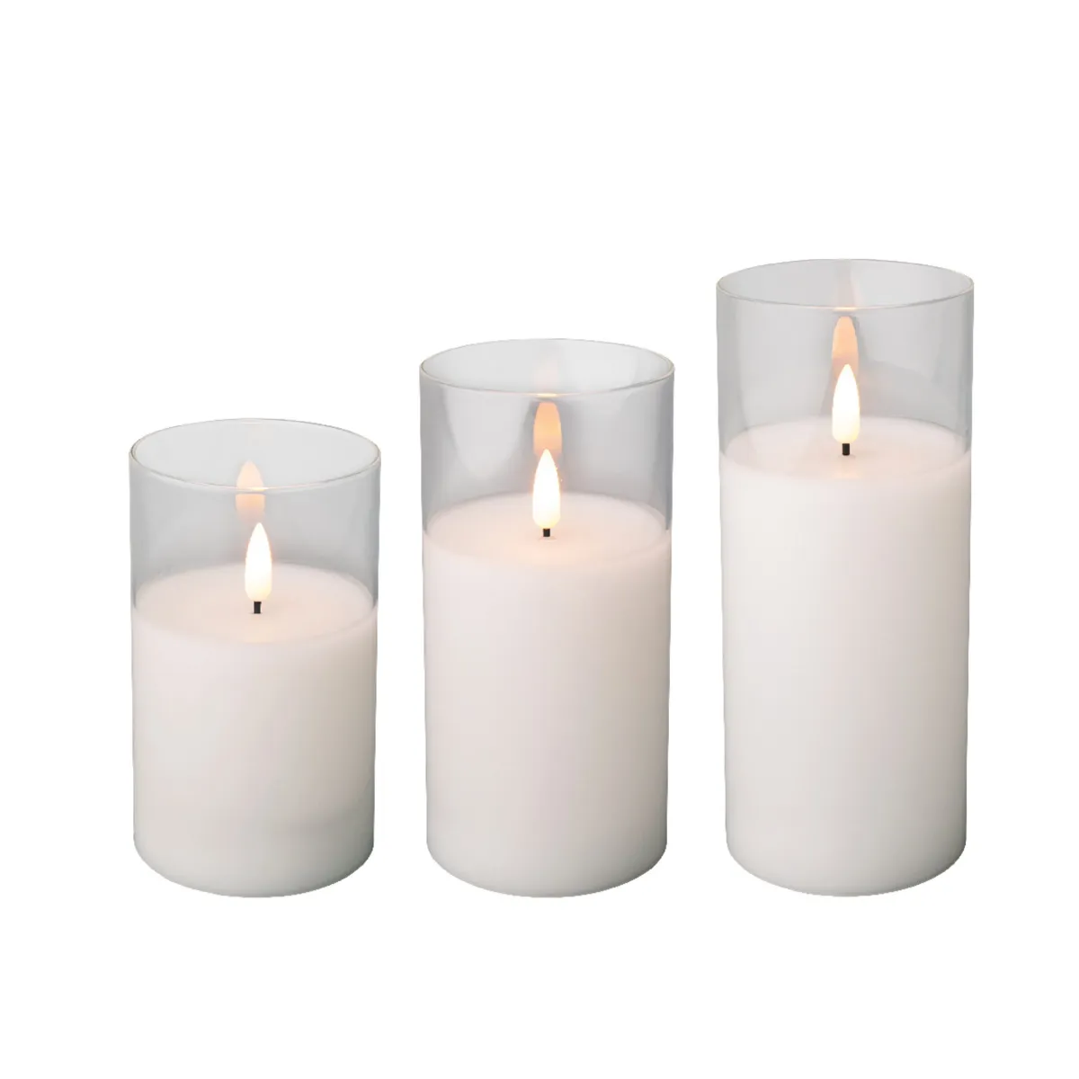 Set di 3 candele in vetro a LED a pile (H17 cm) Bagliore d'inverno Bianco caldo