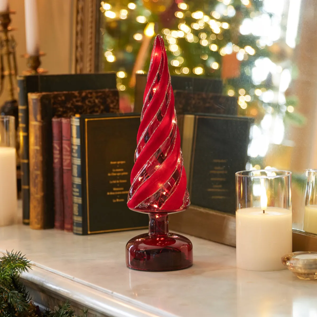 Albero luminoso rotante in vetro (H40,5 cm) Effetto flash Rosso